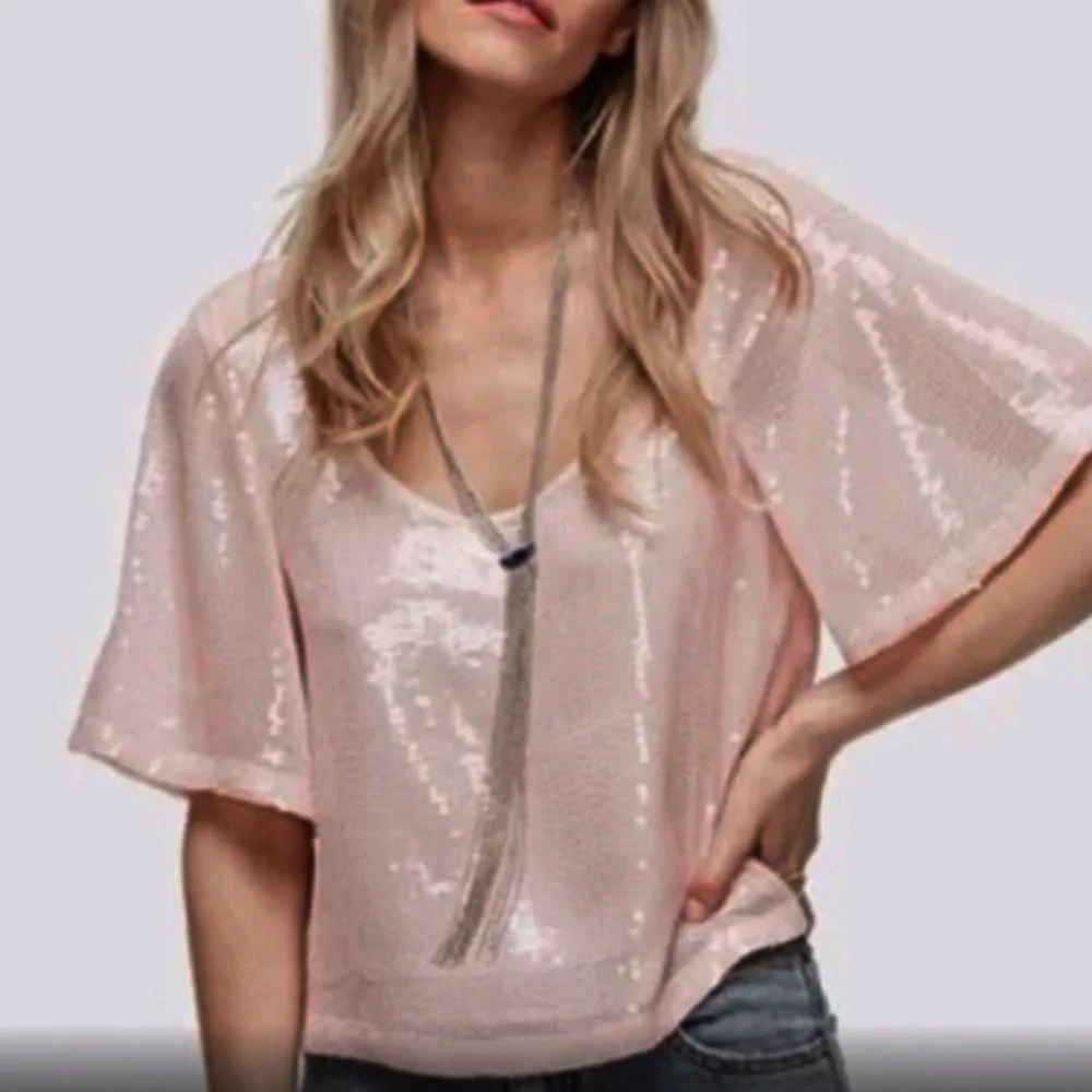 FREE PEOPLE NIGHT FEVER HALF SLEEVE SEQUIN TOP SOFT PEACH SMALL - Picture 3 of 5